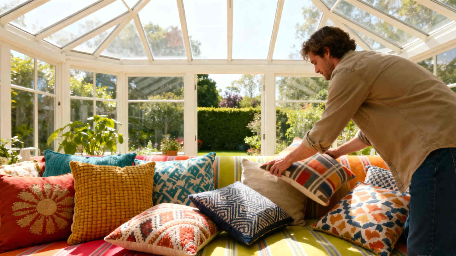 a person casually rearranging throw pillows on a sunroom sofa, demonstrating the practice of rotating decor.